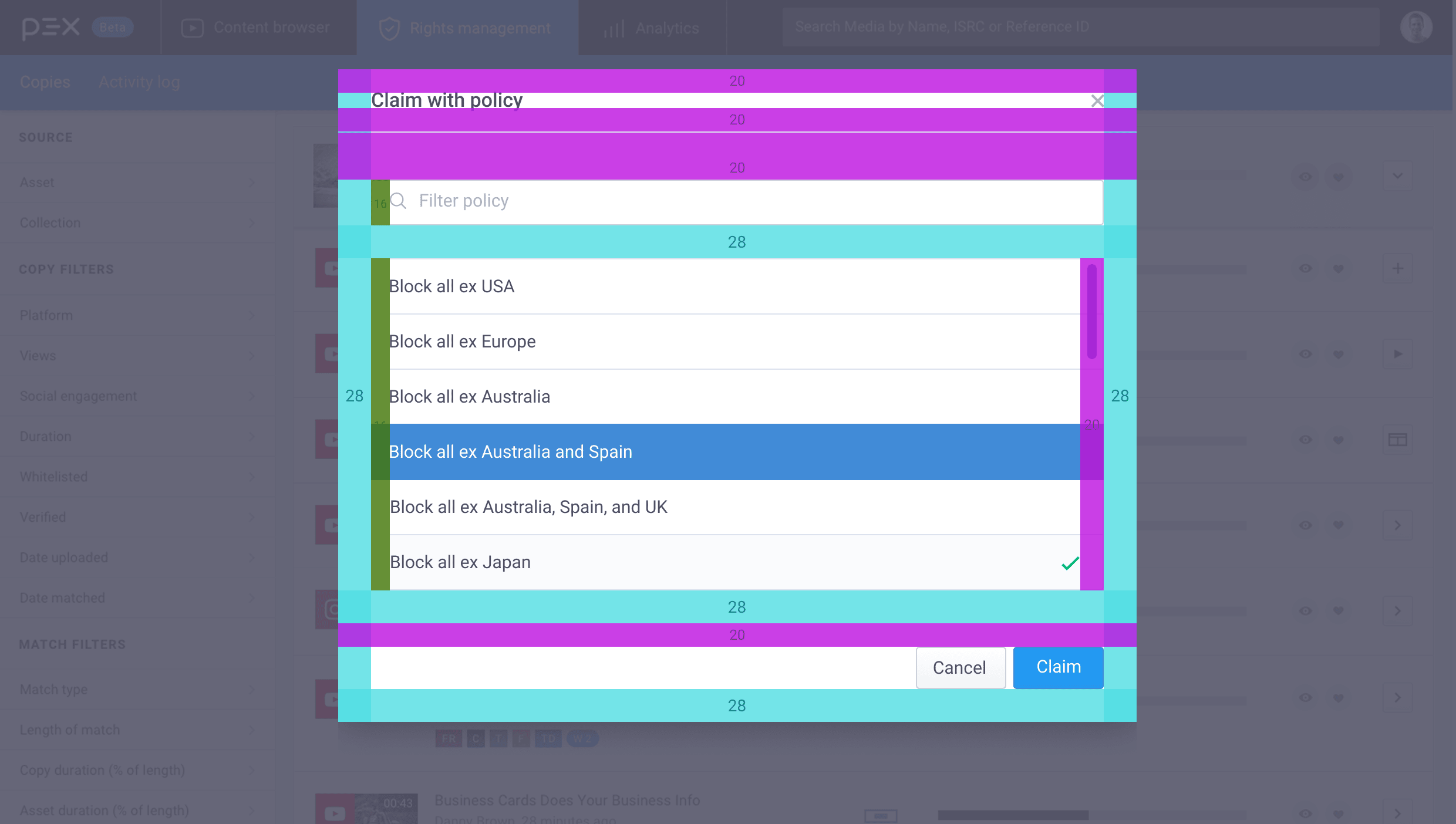 Color-coded spacing system, alternate view